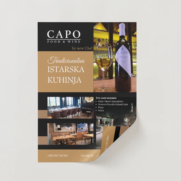 Flyer design for Capo restaurant, featuring food imagery and promotional layout