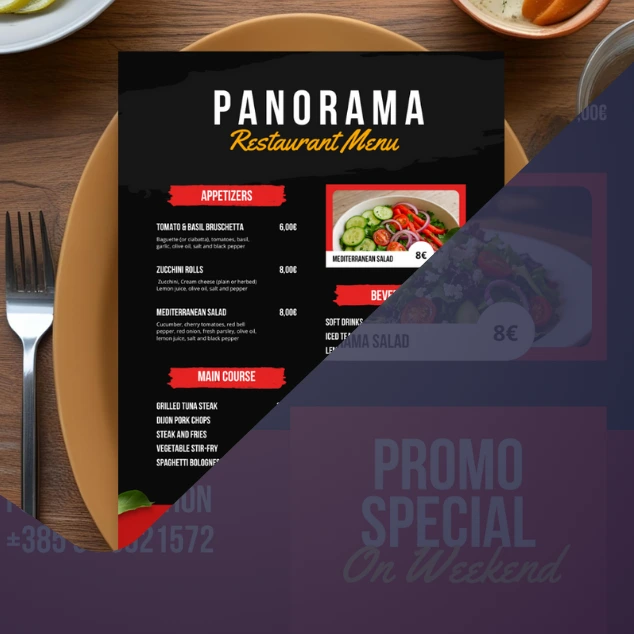 Menu design for Panorama restaurant, showcasing an elegant and organized food menu layout