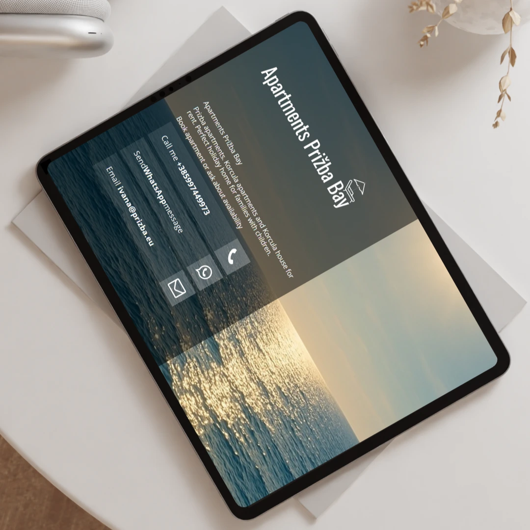 Landing page design for Prizba Bay apartments, focused on booking and vacation visuals